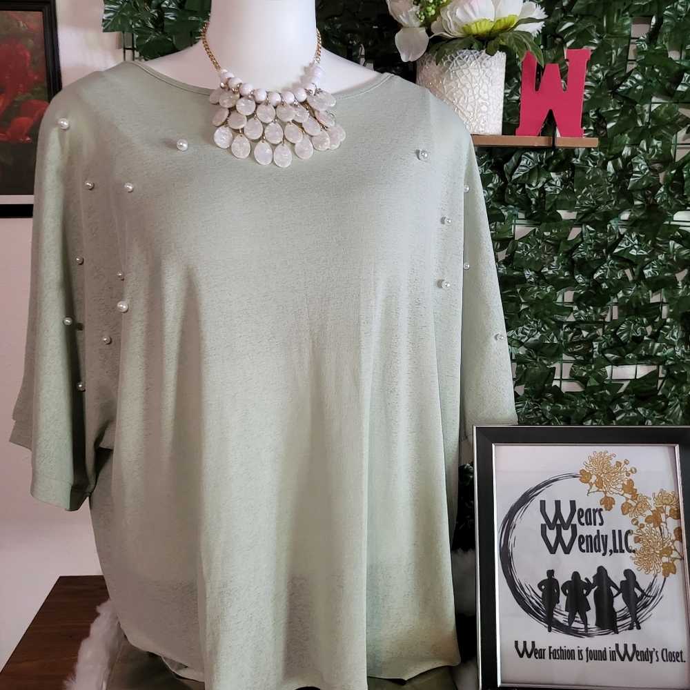 Plus Sheer Mint W/ Pearls Blouse